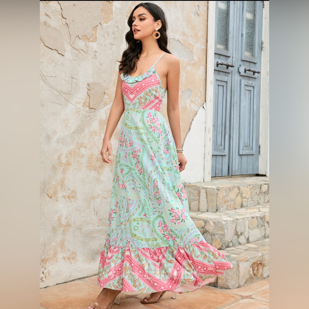 JJ’s House Floral Maxi Dress in Green and Pink Size Large NWT💗 - Picture 3 of 10
